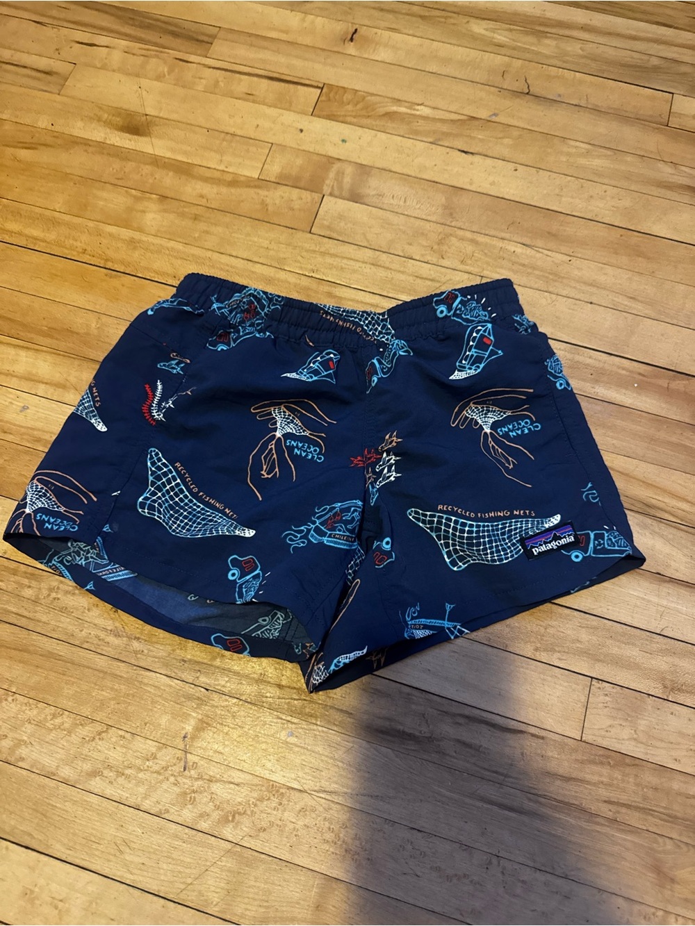 Patagonia Navy Blue Swim Shorts with Multicolor Marine Print